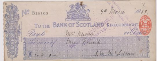 Bank of Scotland Kirkcudbright, Used Order RO 16.4.08, blue on white, printer Waterston & Sons