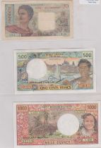 Tahiti 1951 - 20 Francs P15,VF and 1969 500 Francs P23 GVF,and 1000 Francs P27 signed. (5) .AUNC(3)