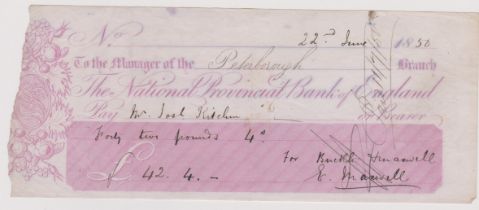 National Provincial Bank of England, Peterborough, used bearer no revenue, 22 June 1850 or 17 August