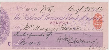 National Provincial Bank of England Ltd, Amlwch (Anglesey), used order RO14.10.08, plum, printer