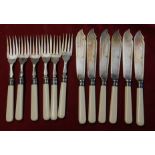 Fish Knives and Forks - (6) of each, bone handle decorative, very good condition