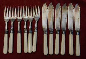 Fish Knives and Forks - (6) of each, bone handle decorative, very good condition