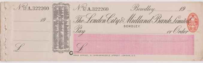 London City & Midland Bank Ltd., Bewdley, mint order with C/F RO 1.10.10, black on white & pink,