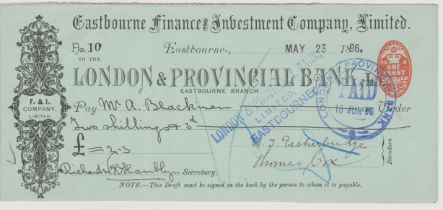 London & Provincial Bank Ltd., Eastbourne Branch, used order RO 29.5.96, black on green