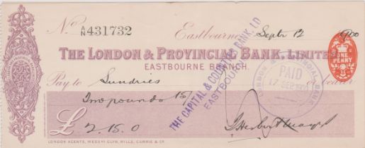 London & Provincial Bank Ltd., Eastbourne Branch, used bearer RO 5.11.97, plum on white, printer