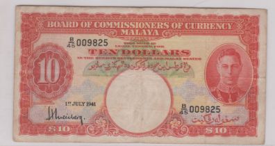 Malaya 1941 (1/7) - 10 dollars, KGVI, portrait, P13, VF