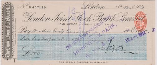 London Joint Stock Bank Ltd., 5 Princes Street, used order RO 29.1.14, black on white & Blue,