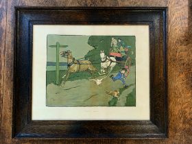 Cecil Aldin colour Horse and Carriage prints, "Trouble Ahead" and "Going Well" in original oak