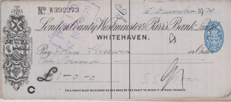 London County Westminster & Parrs Bank Ltd., Whitehaven, used order BO 9.12.19, 26.4.20, black on