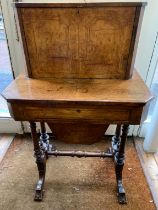 An antique walnut needlework desk/bureau, very fine, small stain. Buyer collects