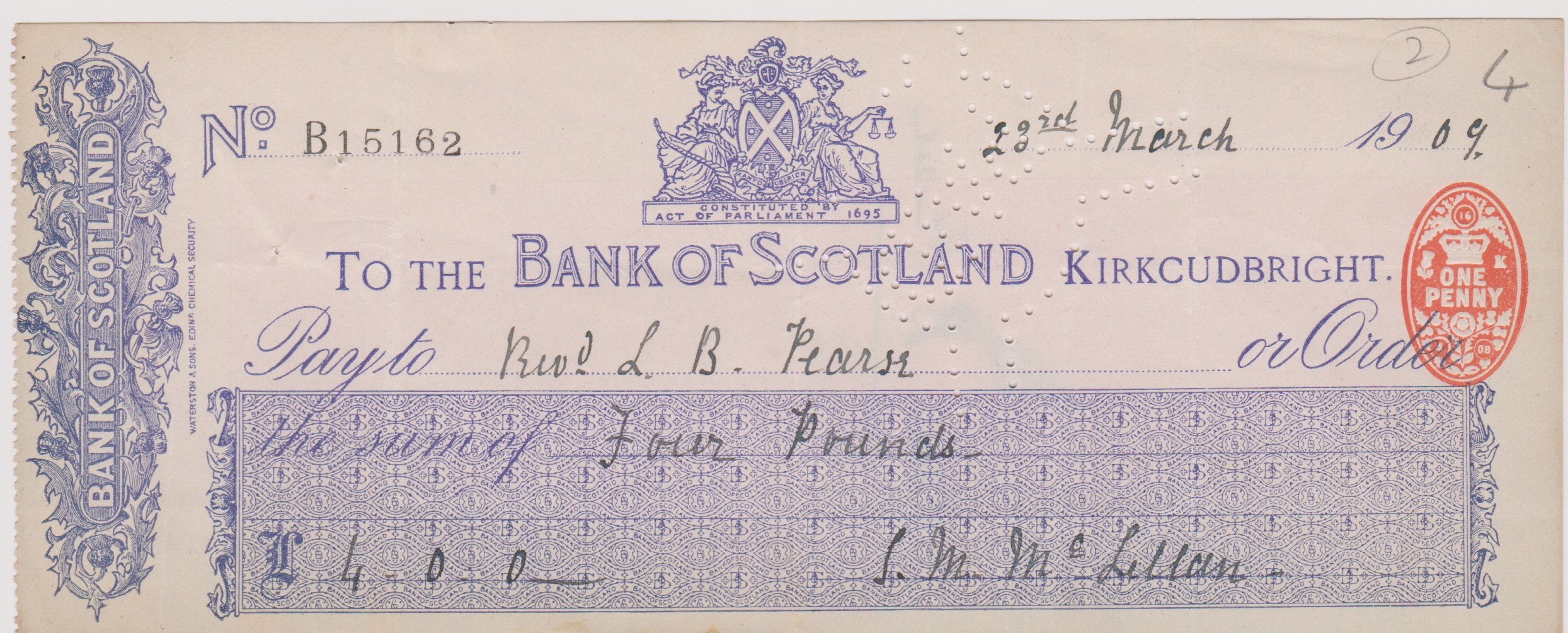 Bank of Scotland Kirkcudbright, Used Order RO 16.4.08, violet on white, printer Waterston & Sons