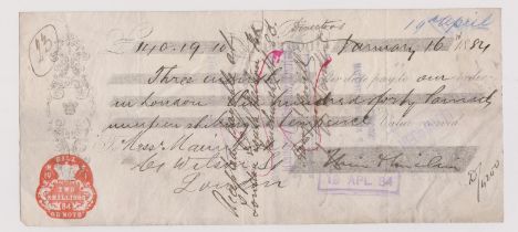 Liverpool Commercial Bank 1884 - cheque used, 2/- tax red embossed stamp