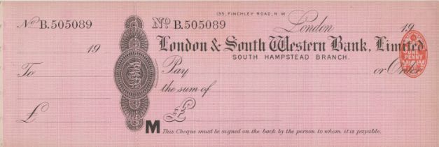 London & South Western Bank Ltd., South Hampstead Branch, mint order with C/F RO 16.2.10, black on