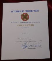 USA Veterans of Foreign Wars service fund certificate (Gold award) presented to Marion J. Lee. In