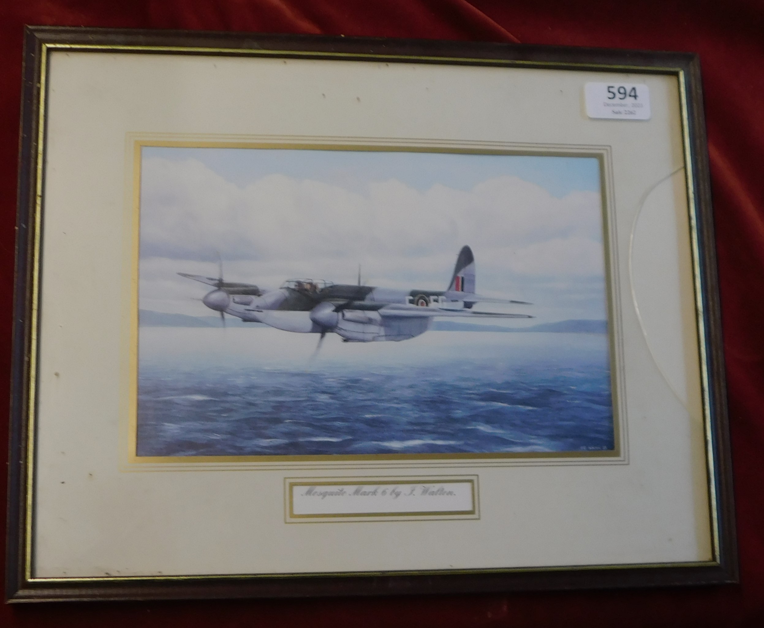 Plane - 'Mosquito Mark 6' - By J.Walton, framed with (Glass Broken) measurements 38cm x 30cm,