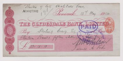 The Clydesdale Bank Limited 1914 - used cheque, Peniculk Branch