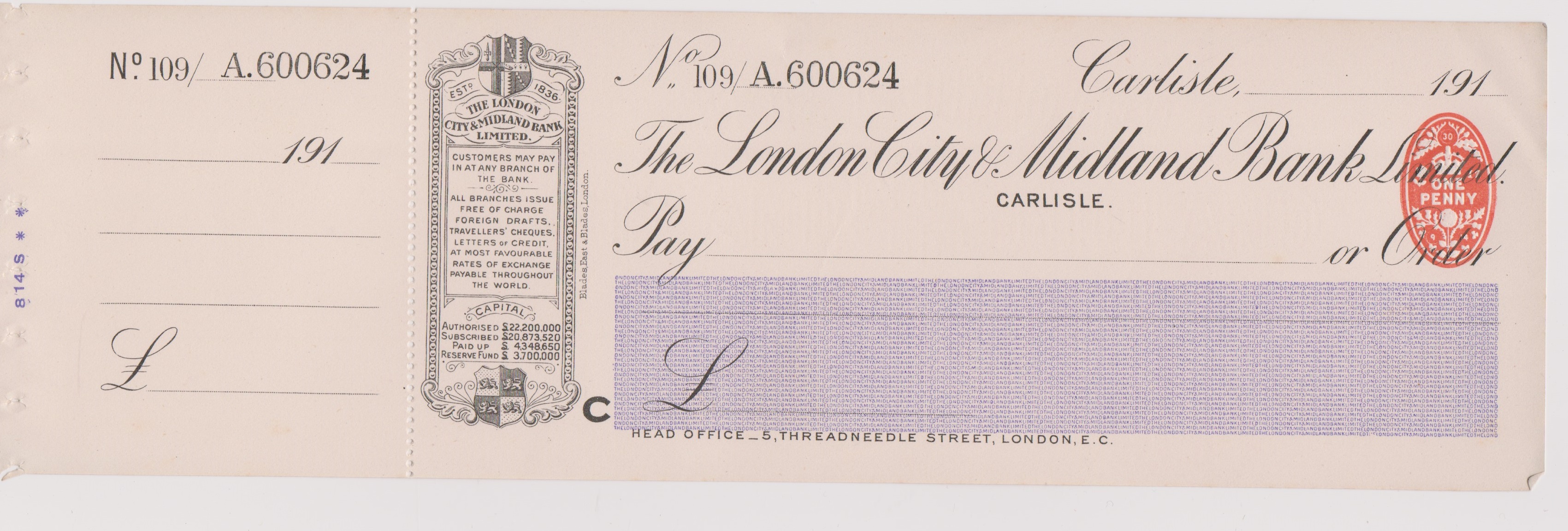 London City & Midland Bank Ltd., Carlisle, mint order with C/F RO 30.9.14, black and white & purple.