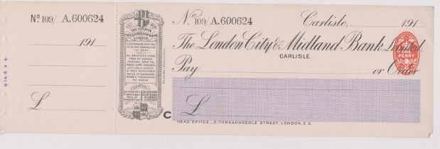 London City & Midland Bank Ltd., Carlisle, mint order with C/F RO 30.9.14, black and white & purple.