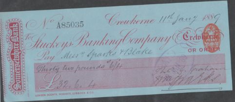 Somersetshire Bank Stuckey's Banking Company Ltd., Crewkerne Branch - used 1889 red on blue and