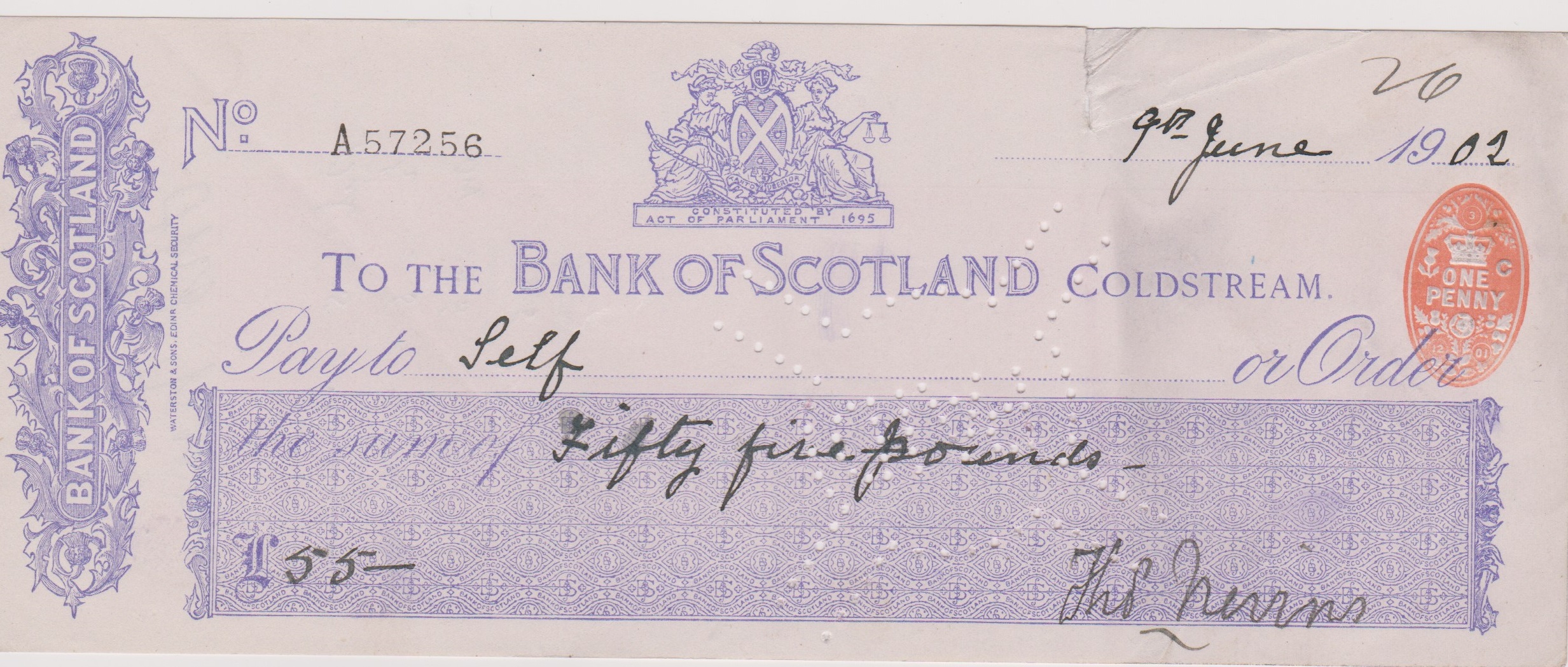 Bank of Scotland Coldstream, Used Order RO 26.11.02, purple on white, printer Waterston & Sons