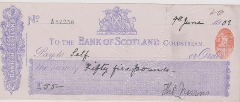 Bank of Scotland Coldstream, Used Order RO 26.11.02, purple on white, printer Waterston & Sons
