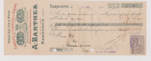 Narbonne A. Barthez Liqueurs 1905 - Illustrated cheque/order with tax adhesive stamp and very fine