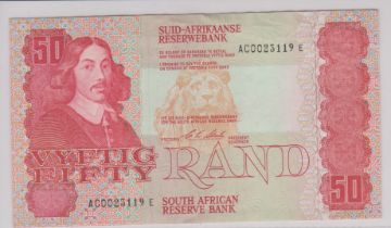 South Africa 1984-90 - 50 Rand, red Jan Van Riebeek at left, signed C. L. Stals