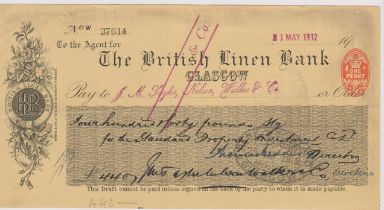 British Linen Bank Glasgow, Used Order RO 6.5.09, black on yellow, printer Banks & Co.