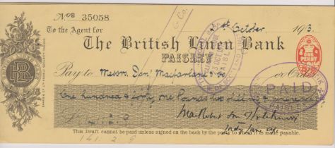 British Linen Bank Paisley, Used order RO 10.10.11-17.12.12, black on yellow, printer Banks & Co.,