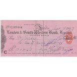 London & South Western Bank Limited Brighton Branch, used order RO 9.9.16, black on pink, printer