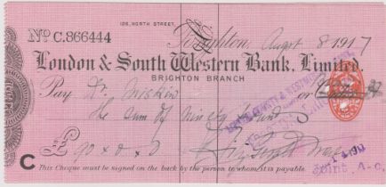 London & South Western Bank Limited Brighton Branch, used order RO 9.9.16, black on pink, printer