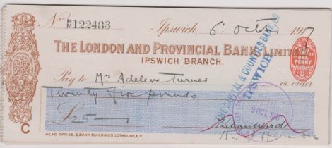 London & Provincial Bank Ltd., Ipswich, used rder RO 16.5.17, brown on white blue panel, printer