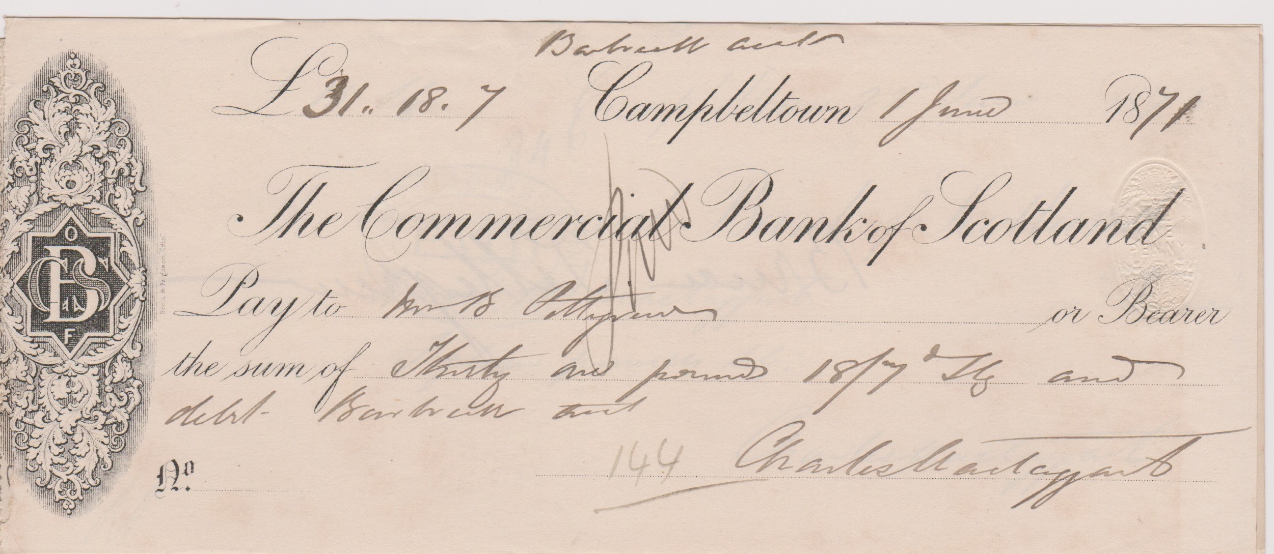 Commercial Bank of Scotland Campbeltown, used bearer CO 10.1.70, black on cream, printer Scott &