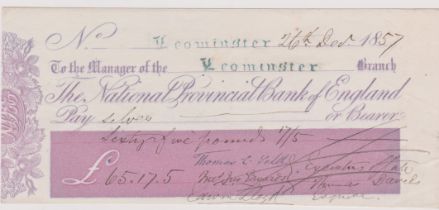 National Provincial Bank of England, Leominster, used bearer No Revenue 26 Dec 1857, Plum on
