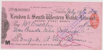 London & South Western Bank Ltd., Regent Street Branch, used order RO 18.4.17, black on pink,