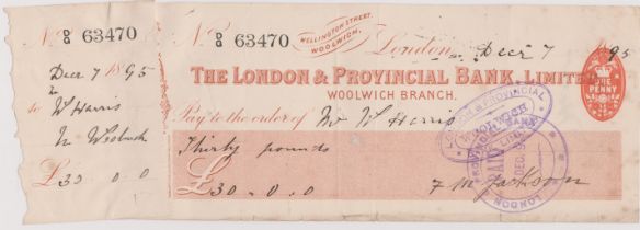 London & Provincial Bank Ltd., Woolwich Branch, used order with C/F RO 14.10.95, yellow on white,