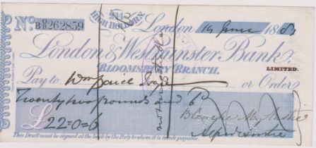 London & Westminster Bank Ltd., 214 High Holborn (Bloomsbury Branch), used order, purple on white,