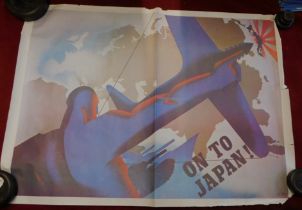 War Poster-'On To Japan' - reprint measurement 58cm x 41cm worn around edge of poster-fold down