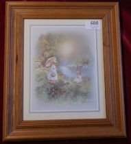 Children by the River - Signed - framed (Wooden) measurements 33cm x 28cm, very good condition