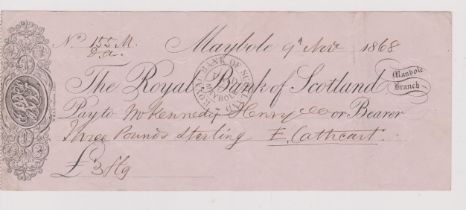 The Royal Bank of Scotland, Maybole Brach 1868 - used cheque, very fine
