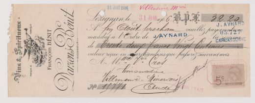 Francois Benit (Wines and spirits) 1906 - cheque/order used with 5c adhesive stamp and attractive