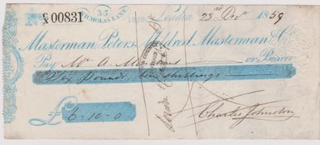 Masterman, Peters, Mildred, Masterman & Co, 35 Nicholas Lane, used order COD 31.8.59, blue on white,