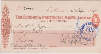 London & Provincial Bank Ltd., Eastbourne Branch, used order RO 24.1.94, brown on cream, printer