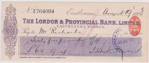 London & Provincial Bank Ltd., Eastbourne Branch, used bearer RO 28.11.02, purple on white,