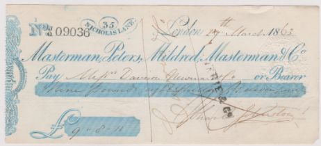 Masterman, Peters, Mildred, Masterman & Co, 35 Nicholas Lane, used bearer COD 20.10.62, blue on