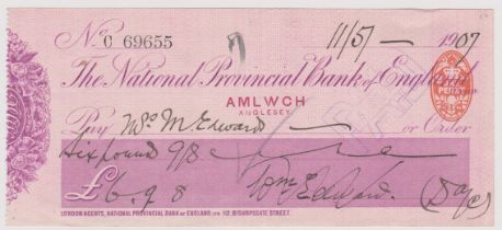 National Provincial Bank of England Ltd, Amlwch (Anglesey), used order RO 8.10.06, plum on pink,