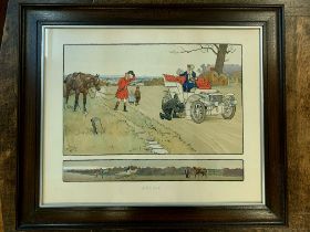 Cecil Aldin colour Motoring prints "Gone Away" and "A Check", in original period matching oak