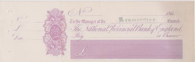 National Provincial Bank of England, Leominster, mint bearer with C/F COD 20.11.60, plum on white,