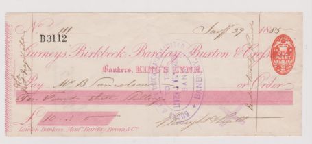 Gurneys, Birkbeck, Barclay Buxton & Creswell 1885 - used cheque, Kings Lynn Branch, one penny tax