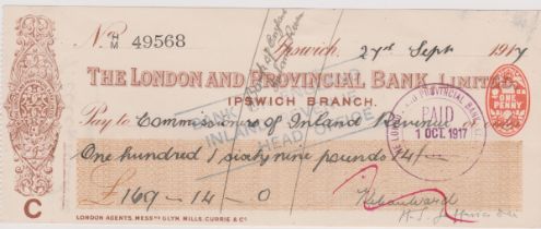 London & Provincial Bank Ltd., Ipswich, used order RO 14.8.12, brown on white gold panel, printer